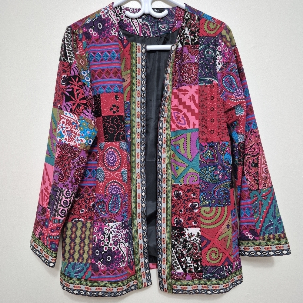 E-Rétro Women's Retro Patchwork Eclectic Boho Open-Front Jacket Size S/M - Picture 2 of 5